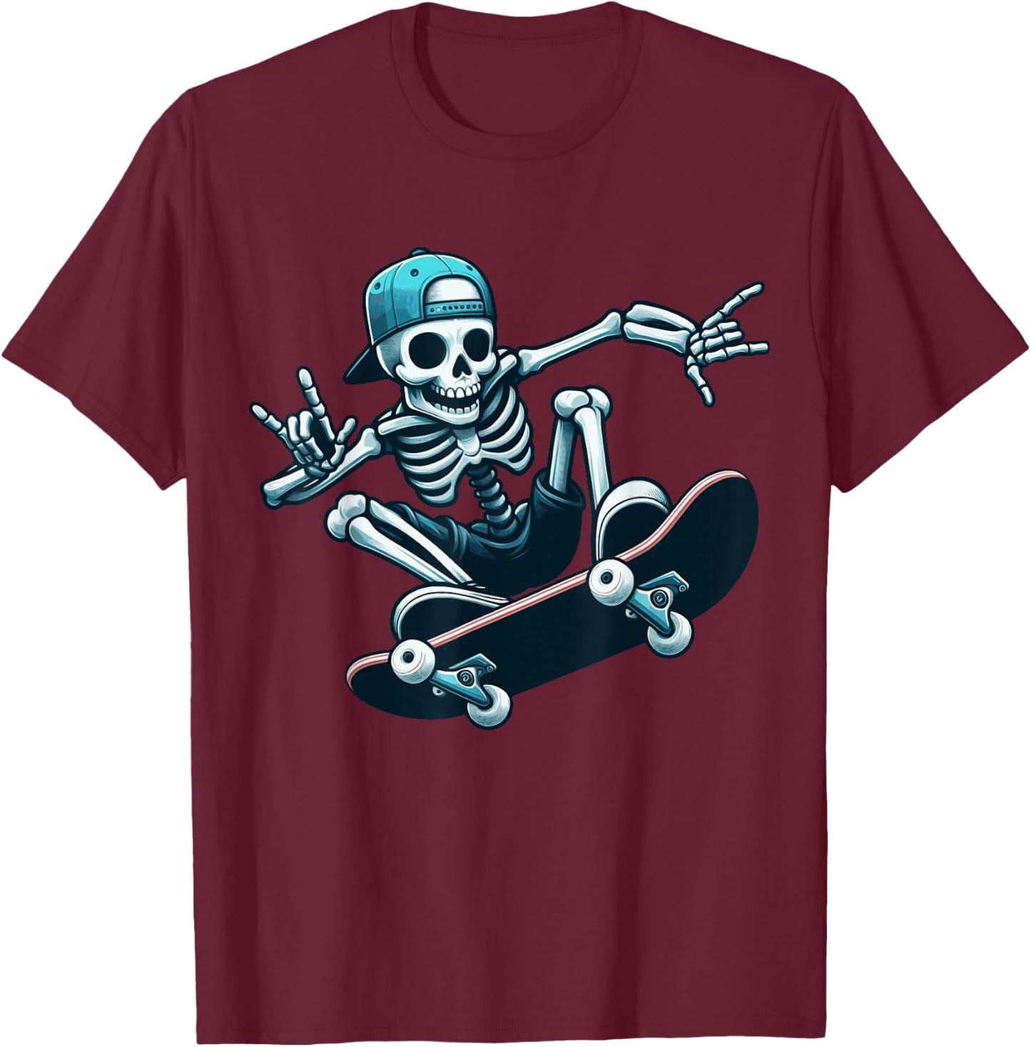 Skeleton Skater Trick Skateboard Skull Action Boney Cool Art T-Shirt - T-Shirt | Maroon