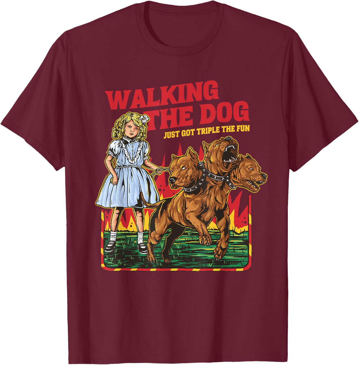 Walking The Dog Cerberus Funny Meme Graphic Vintage Retro T-Shirt - T-Shirt | Maroon