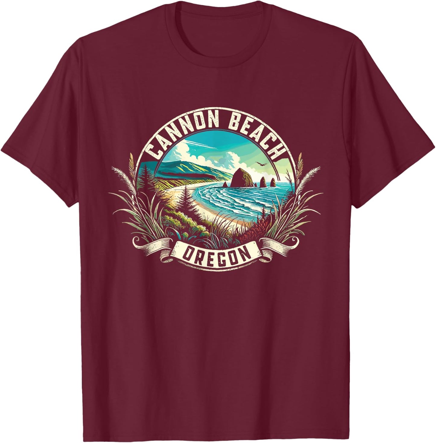 Cannon Beach Watercolor, Cannon Beach Oregon, Cannon Beach T-Shirt - T-Shirt | Maroon
