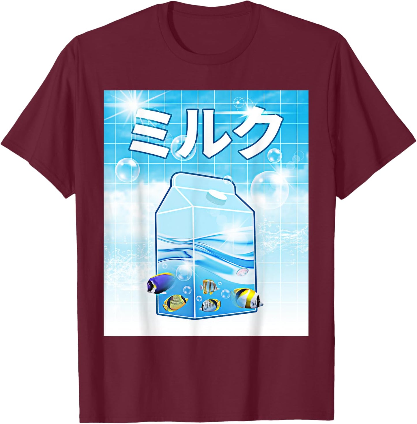 Frutiger Aero Aesthetic Tech Kawaii Milk Underwater Fishes T-Shirt - T-Shirt | Maroon