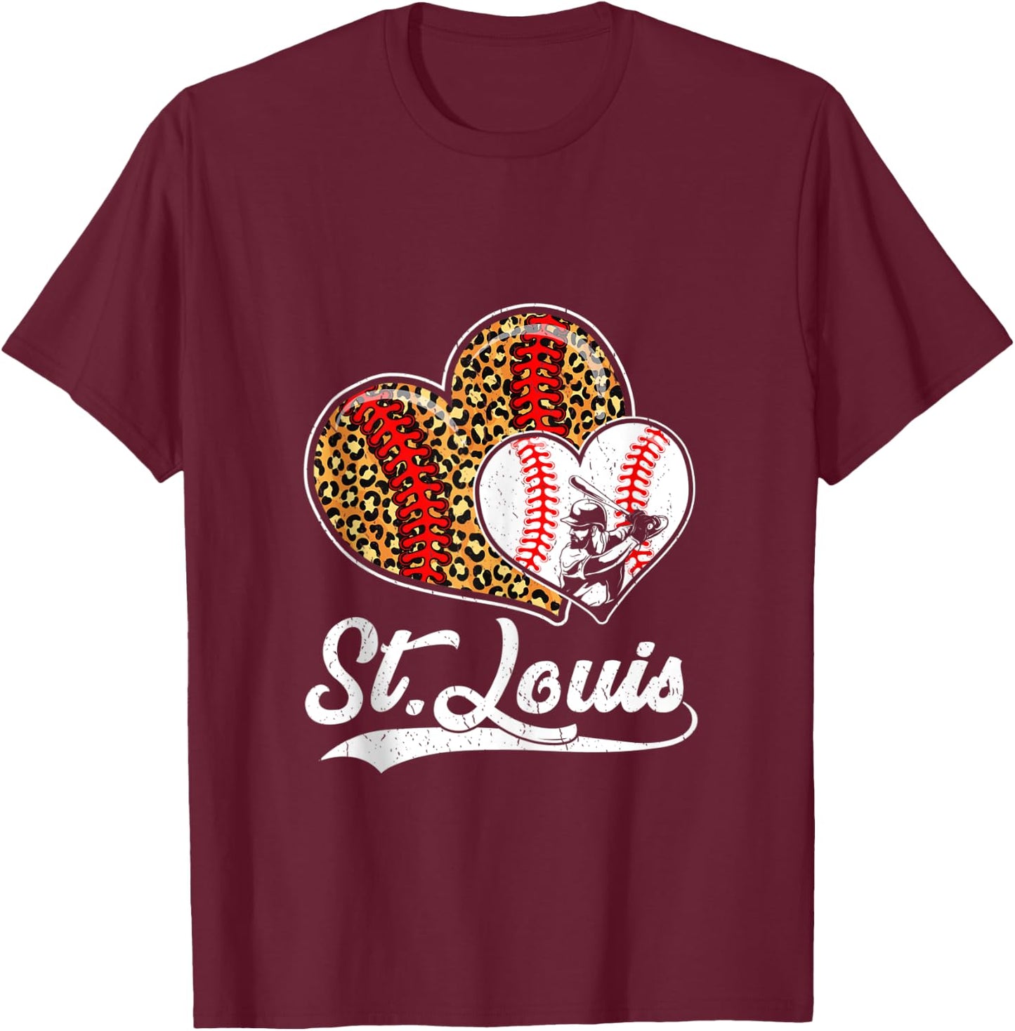 Vintage St Louis Baseball Leopard Hearts Baseball Lover T-Shirt - T-Shirt | Maroon