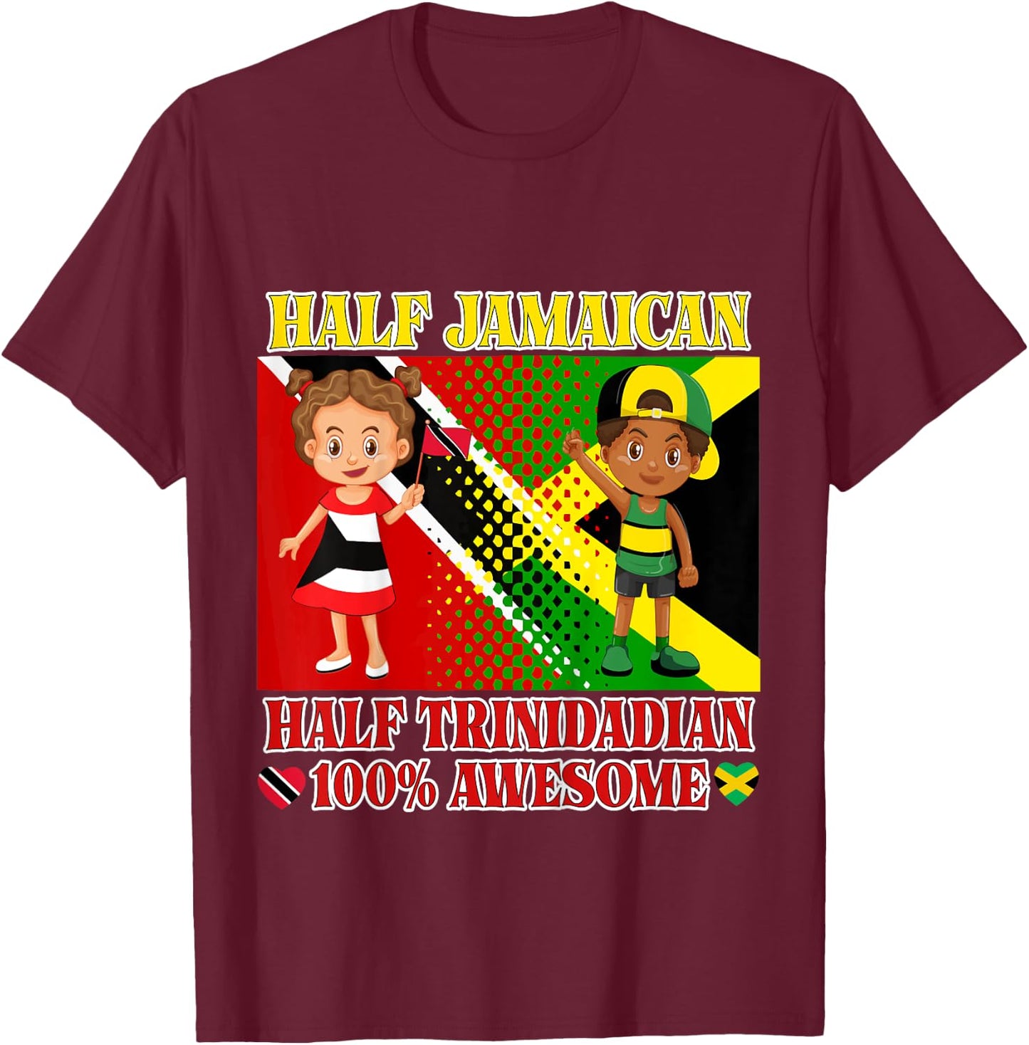 Half Trini Half Jamaican Toddler Trinidad Flag Root Girl Boy T-Shirt - T-Shirt | Maroon