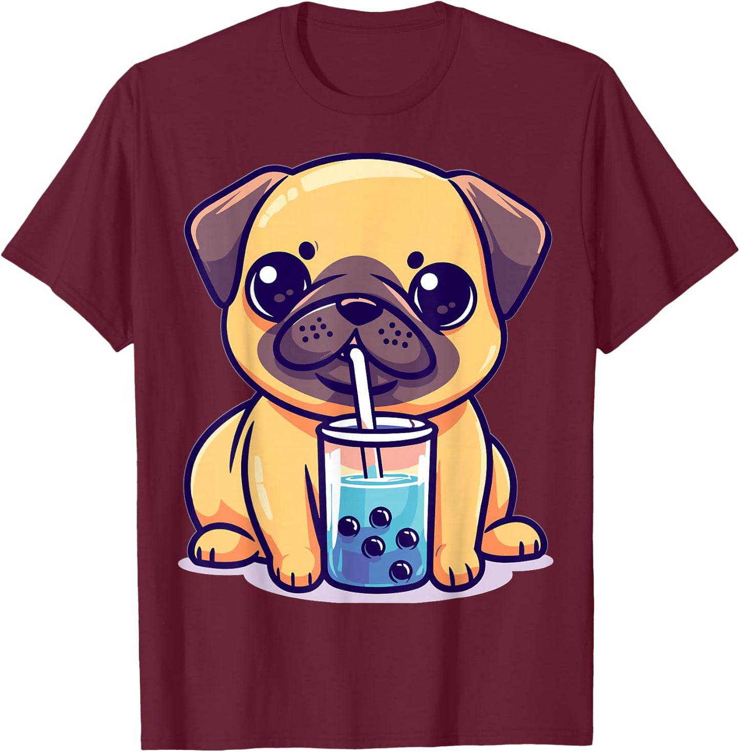Kawaii Pug Puggy Dog Drinking Bubble Tea Boba Anime T-Shirt - T-Shirt | Maroon
