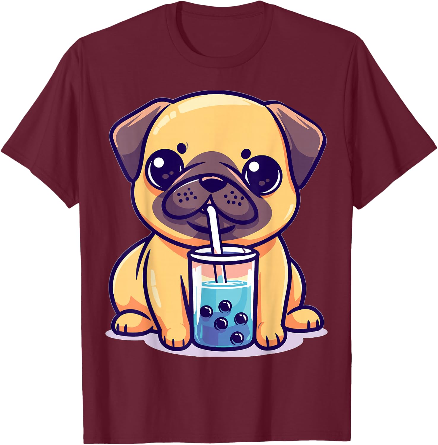 Kawaii Pug Puggy Dog Drinking Bubble Tea Boba Anime T-Shirt - T-Shirt | Maroon