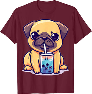 Kawaii Pug Puggy Dog Drinking Bubble Tea Boba Anime T-Shirt - T-Shirt | Maroon
