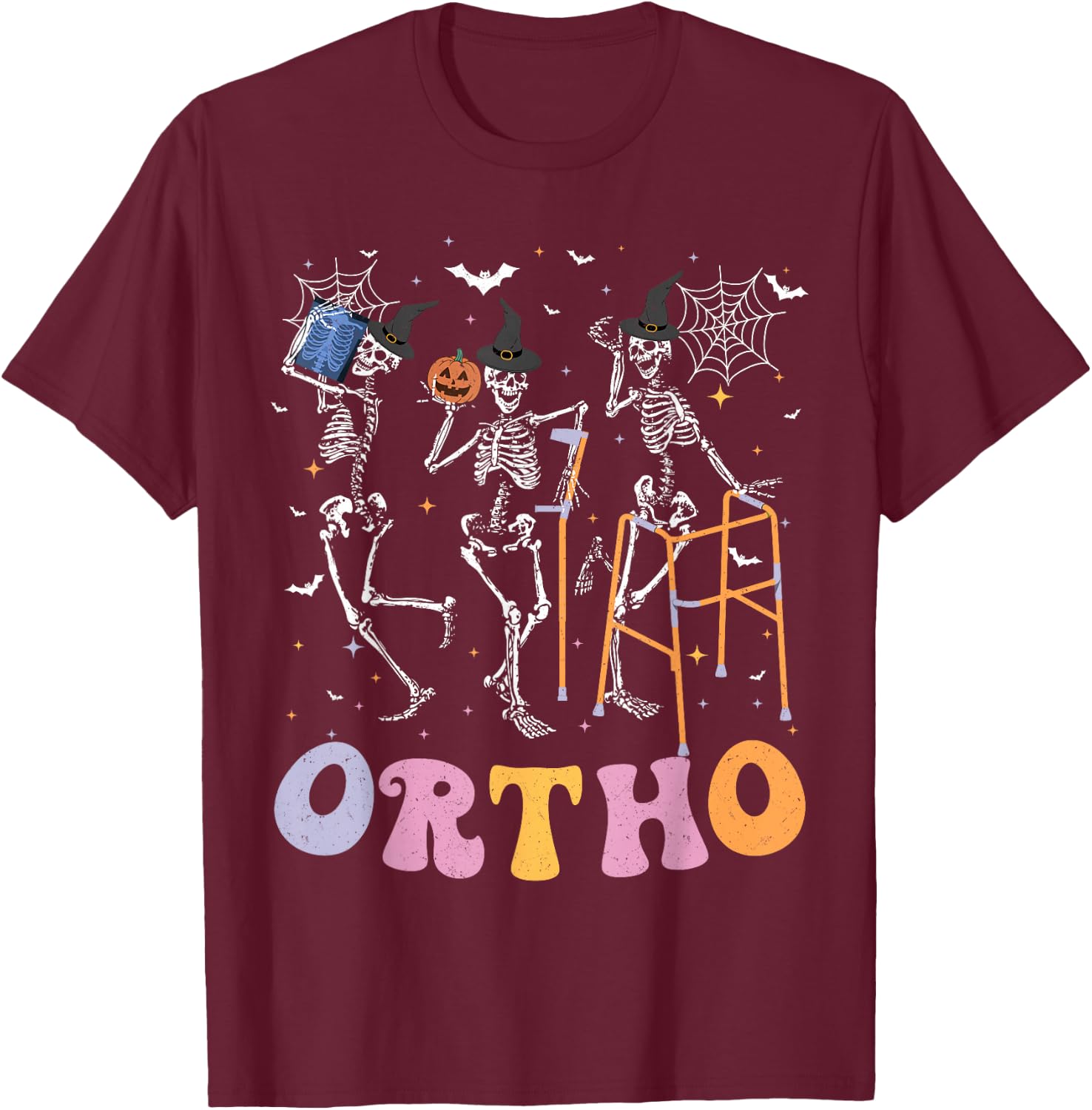 Ortho Squad Halloween Pumpkin Dancing Orthopedic Skeletons T-Shirt - T-Shirt | Maroon