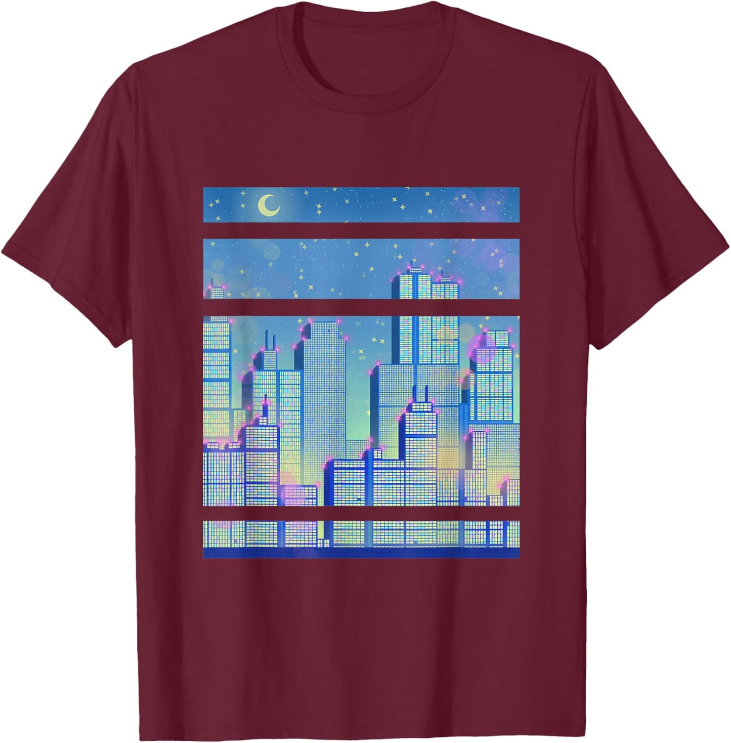 Skyline of a City blue Synthwave T-Shirt - T-Shirt | Maroon