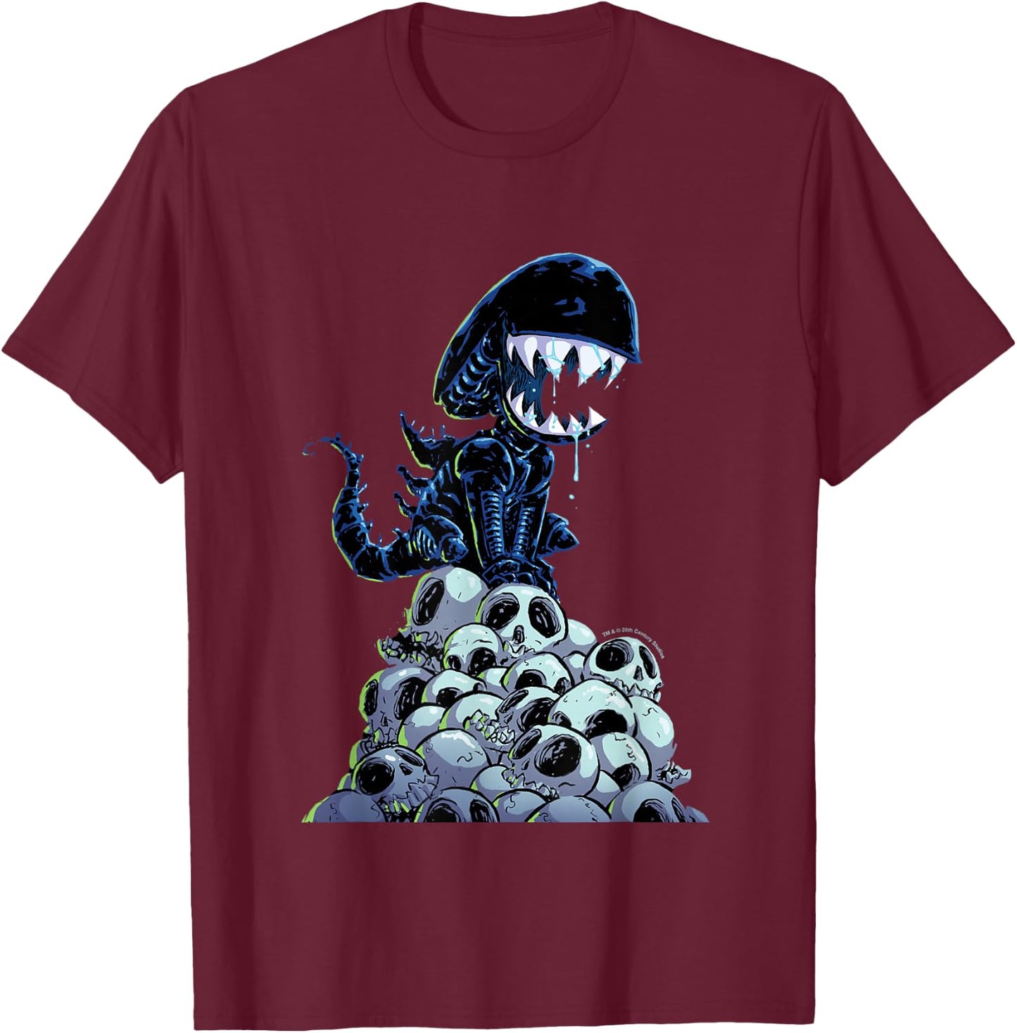 Aliens Xenomorph in Skull Mountain Big Chest Chibi Poster T-Shirt - T-Shirt | Maroon
