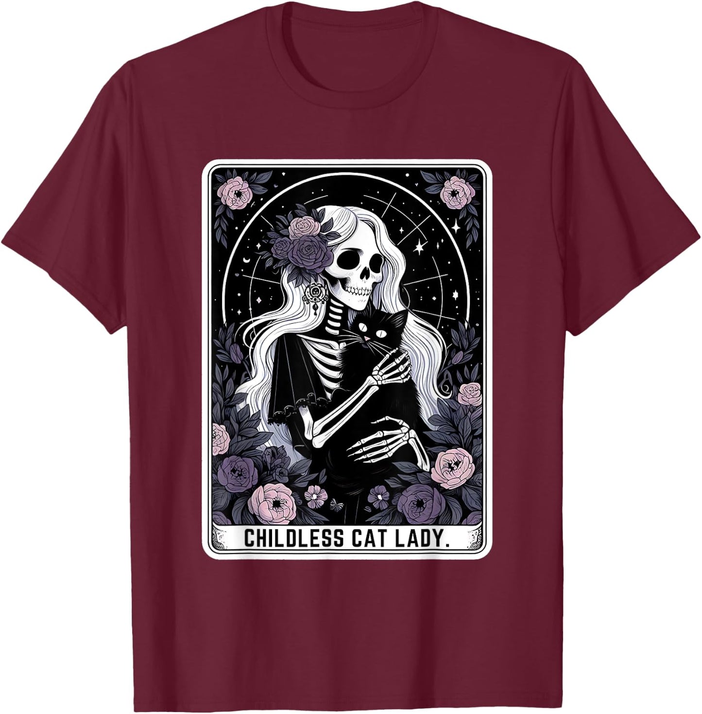 Childless Cat Lady Cute Gothic Skeleton Tarot Card Women T-Shirt - T-Shirt | Maroon