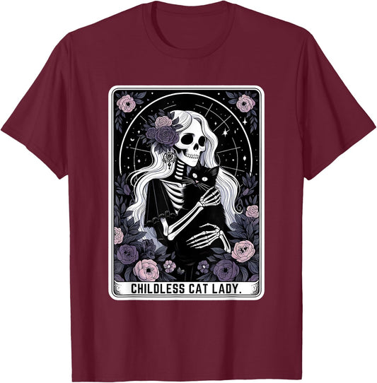 Childless Cat Lady Cute Gothic Skeleton Tarot Card Women T-Shirt - T-Shirt | Maroon