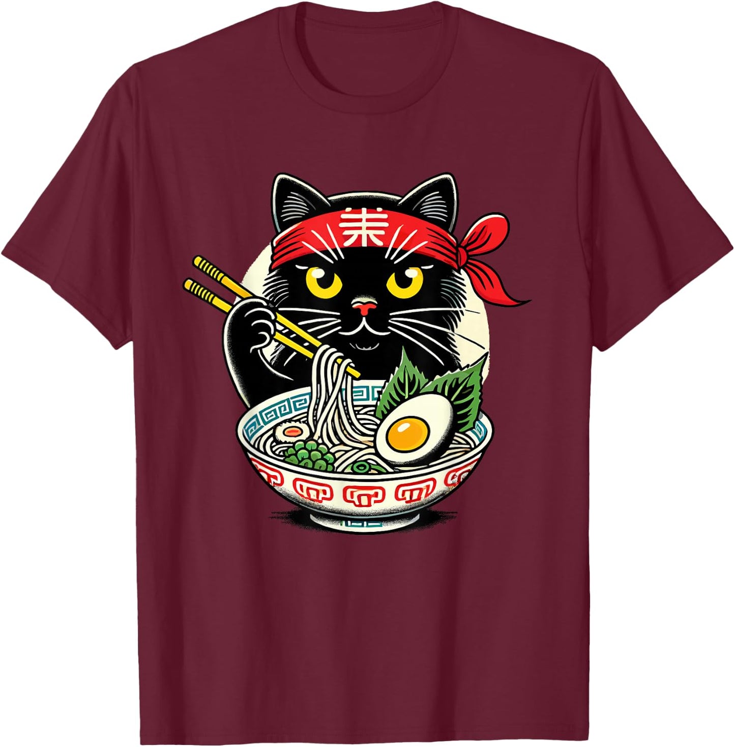 Cat Eating Ramen Noodles, Japanese Anime & Kawaii, Black Cat T-Shirt - T-Shirt | Maroon