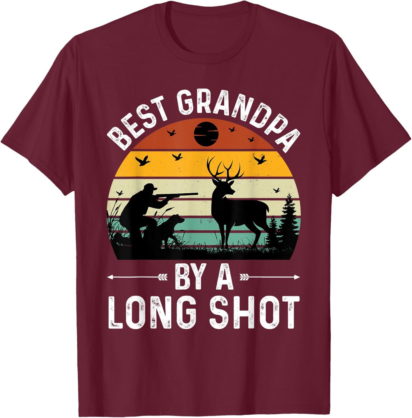 Best Grandpa By a Long Shot Hunting Fathers Day Retro Sunset T-Shirt - T-Shirt | Maroon