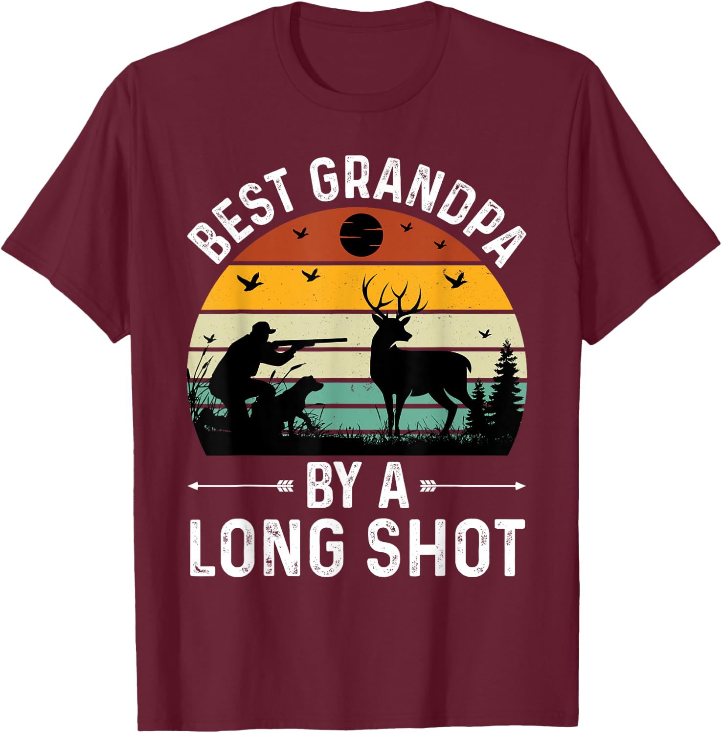 Best Grandpa By a Long Shot Hunting Fathers Day Retro Sunset T-Shirt - T-Shirt | Maroon