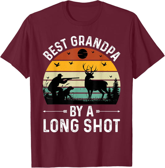 Best Grandpa By a Long Shot Hunting Fathers Day Retro Sunset T-Shirt - T-Shirt | Maroon
