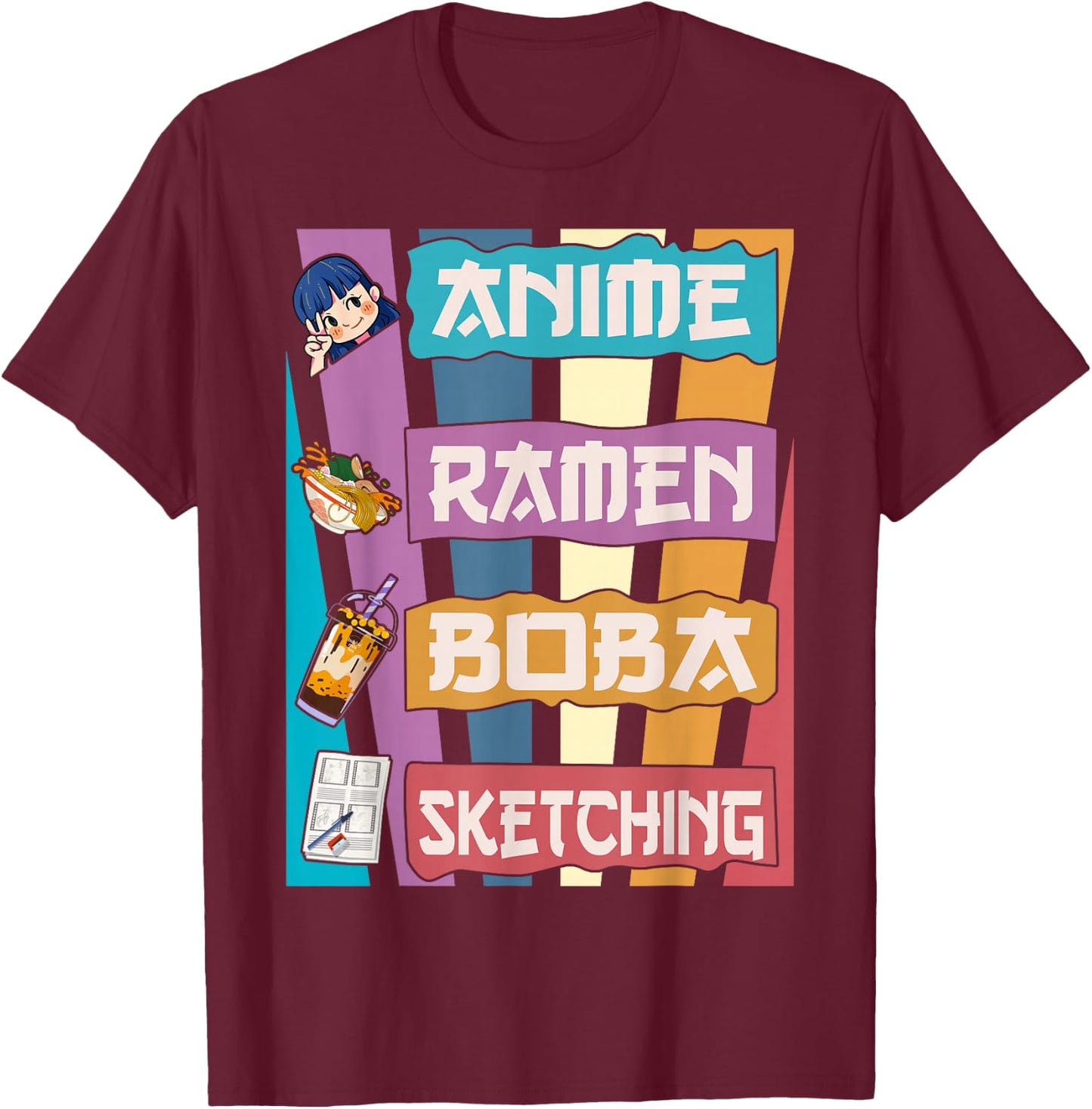 Anime Ramen Boba Sketching Kawaii Anime Lover Merch Gift T-Shirt - T-Shirt | Maroon