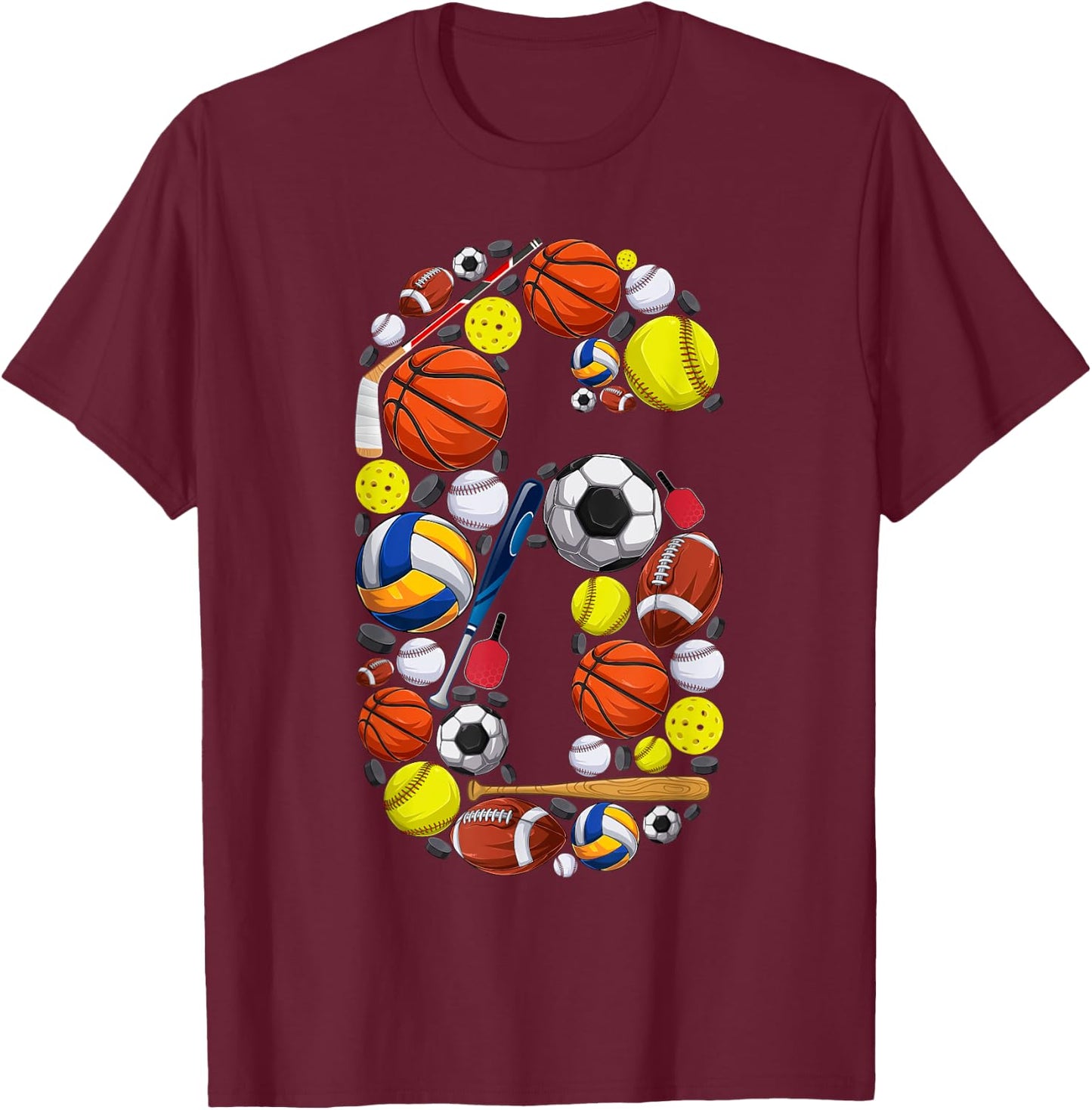 6 Years Old Sports Baller 6th Birthday Party Boys Kids T-Shirt - T-Shirt | Maroon