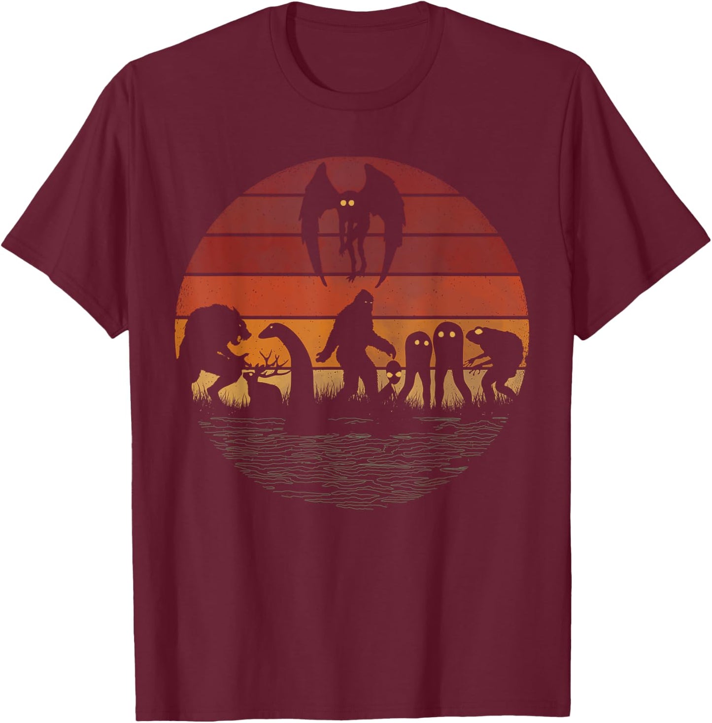 Bigfoot Sasquatch Loch Ness Monster Mothman Funny Cryptid T-Shirt - T-Shirt | Maroon