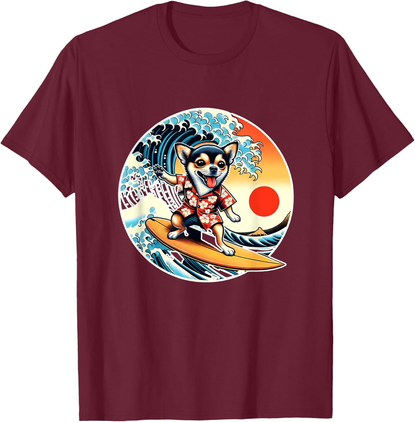 Great Wave Kanagawa Chihuahua dog Surfing T-Shirt - T-Shirt | Maroon