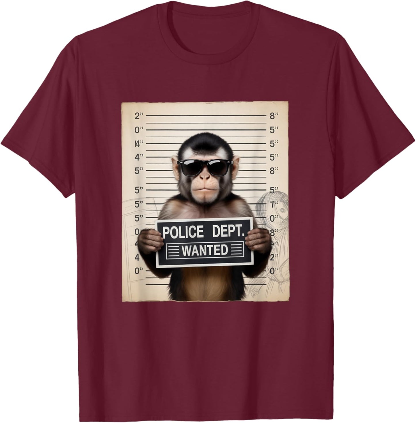 Mugshot Style Art Capuchin Monkey Sunglasses T-Shirt - T-Shirt | Maroon