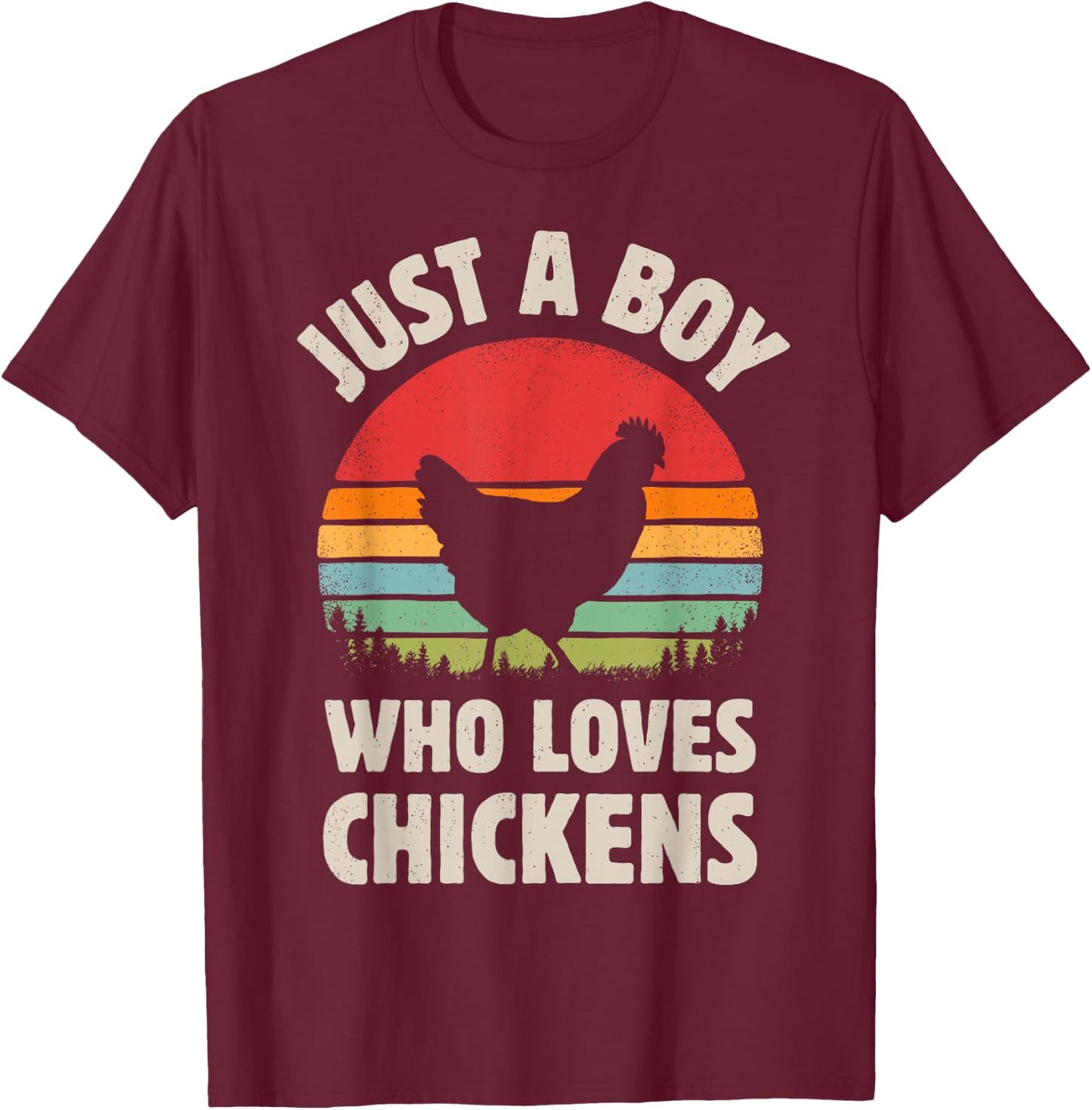Chicken Just A Boy Who Loves Retro Farm Animal Farmer Sunset T-Shirt - T-Shirt | Maroon