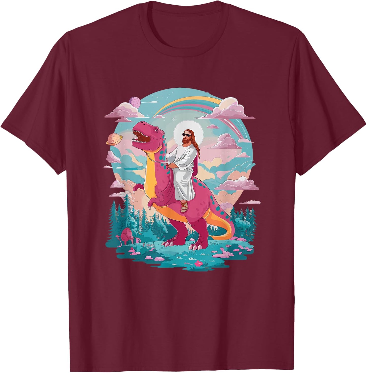 Funny Jesus Riding T-Rex Dinosaur Meme Parody for Believers T-Shirt - T-Shirt | Maroon