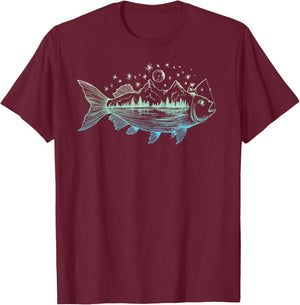 Cool Fish Shaped from Mountains Nature Scene Fishing T-Shirt - T-Shirt | Maroon