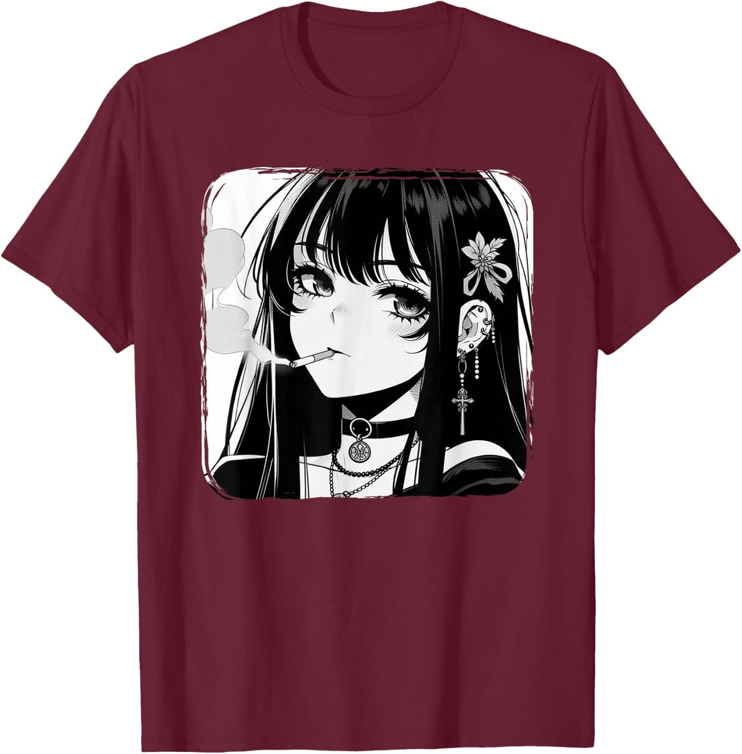 Anime Horror Girl Aesthetic Grunge Waifu Japanese Otaku T-Shirt - T-Shirt | Maroon