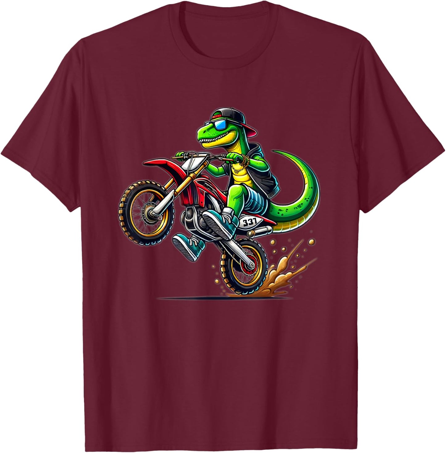 Funny Dirt Bike Boys Kids Dinosaur Motorcycle Riding T-Shirt - T-Shirt | Maroon