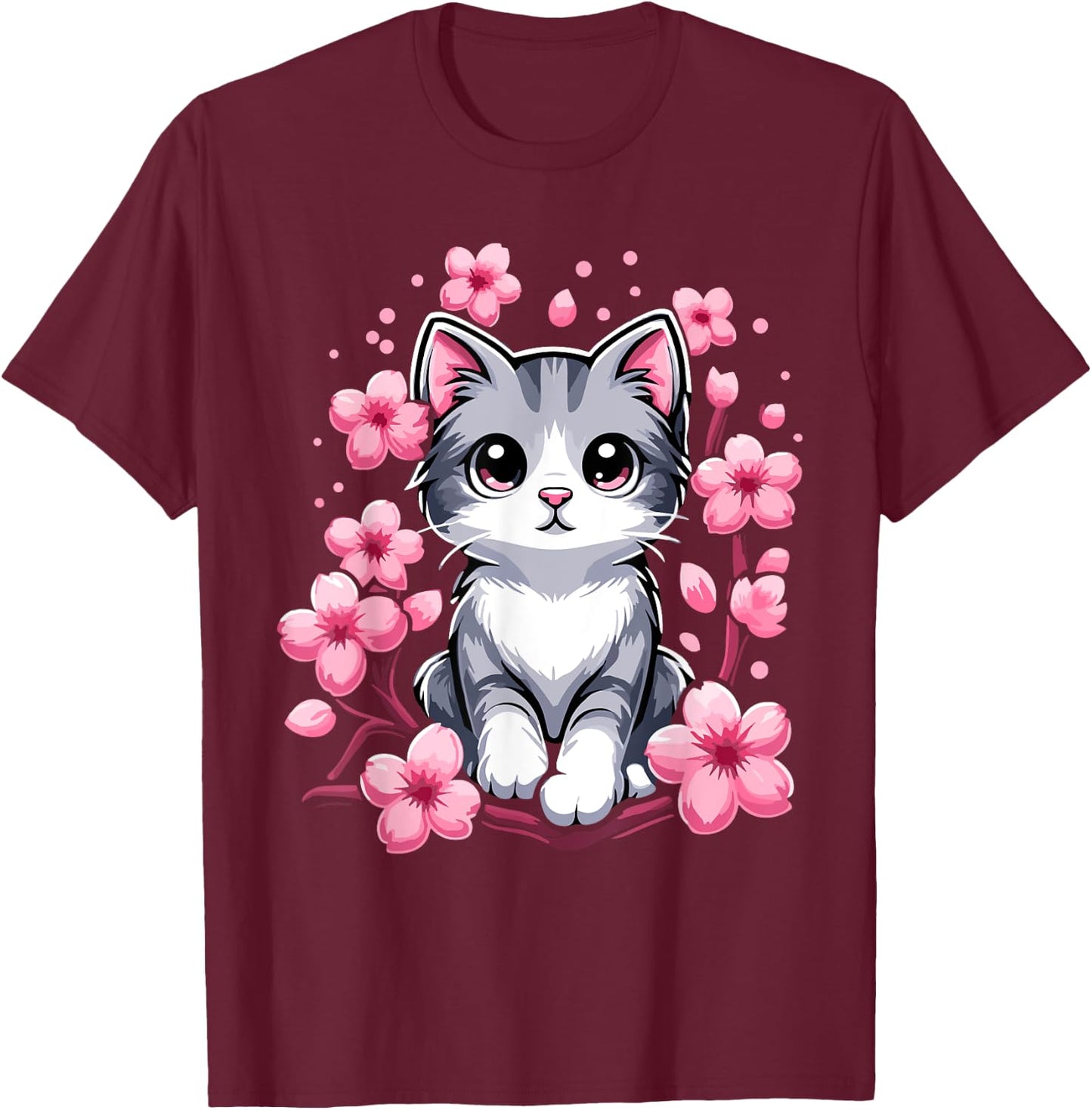Cute Cherry Blossom Cat Kitten Men Women Girls Kids T-Shirt - T-Shirt | Maroon