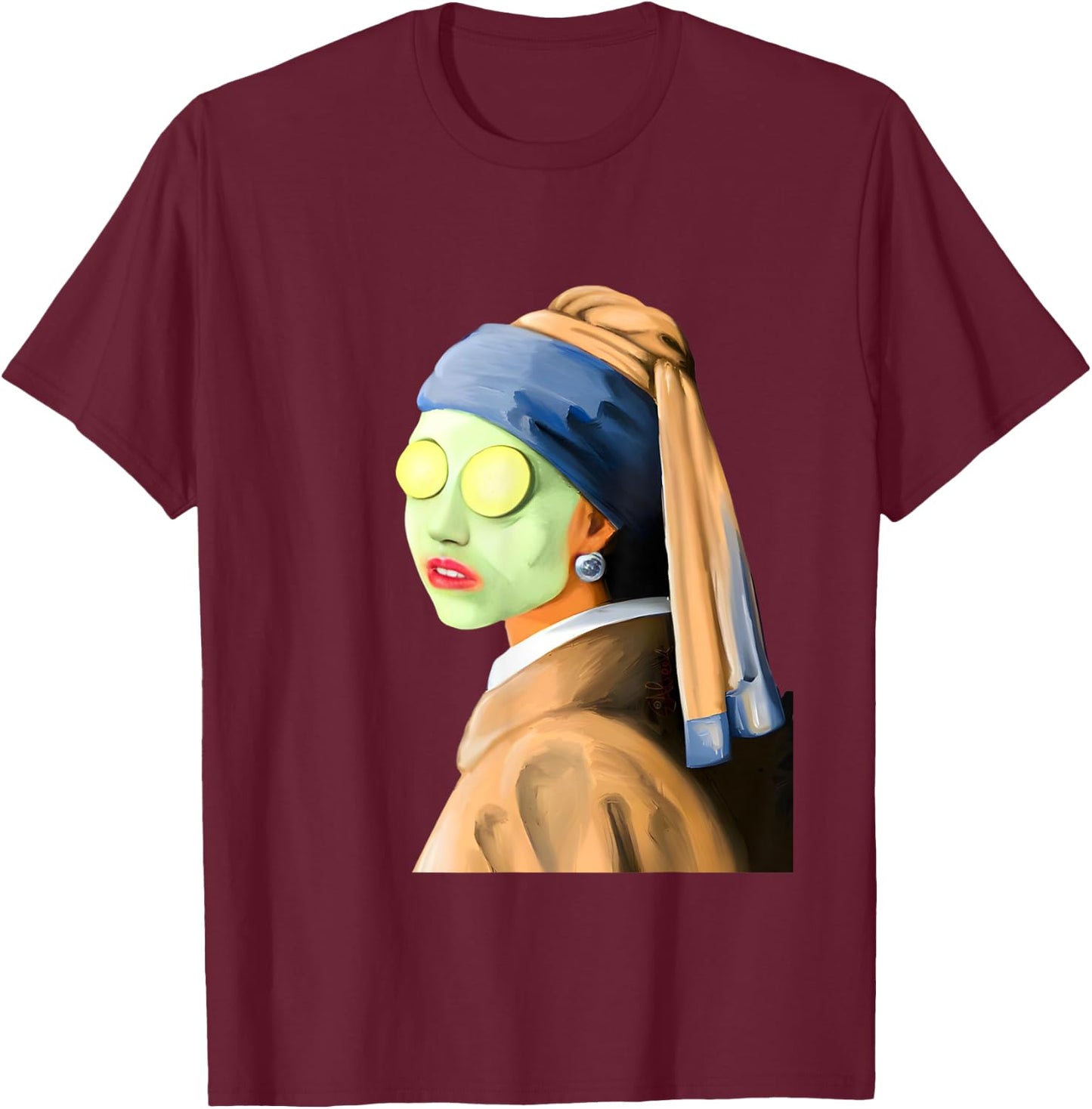 Girl with a Pearl Earring Face Mask by Johannes Vermeer Art T-Shirt - T-Shirt | Maroon