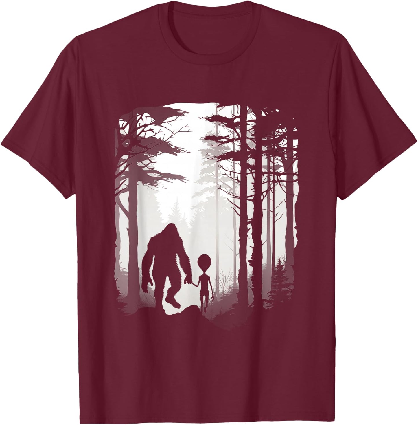 Funny Bigfoot Alien Holding Hands Foggy Forest Walk T-Shirt - T-Shirt | Maroon