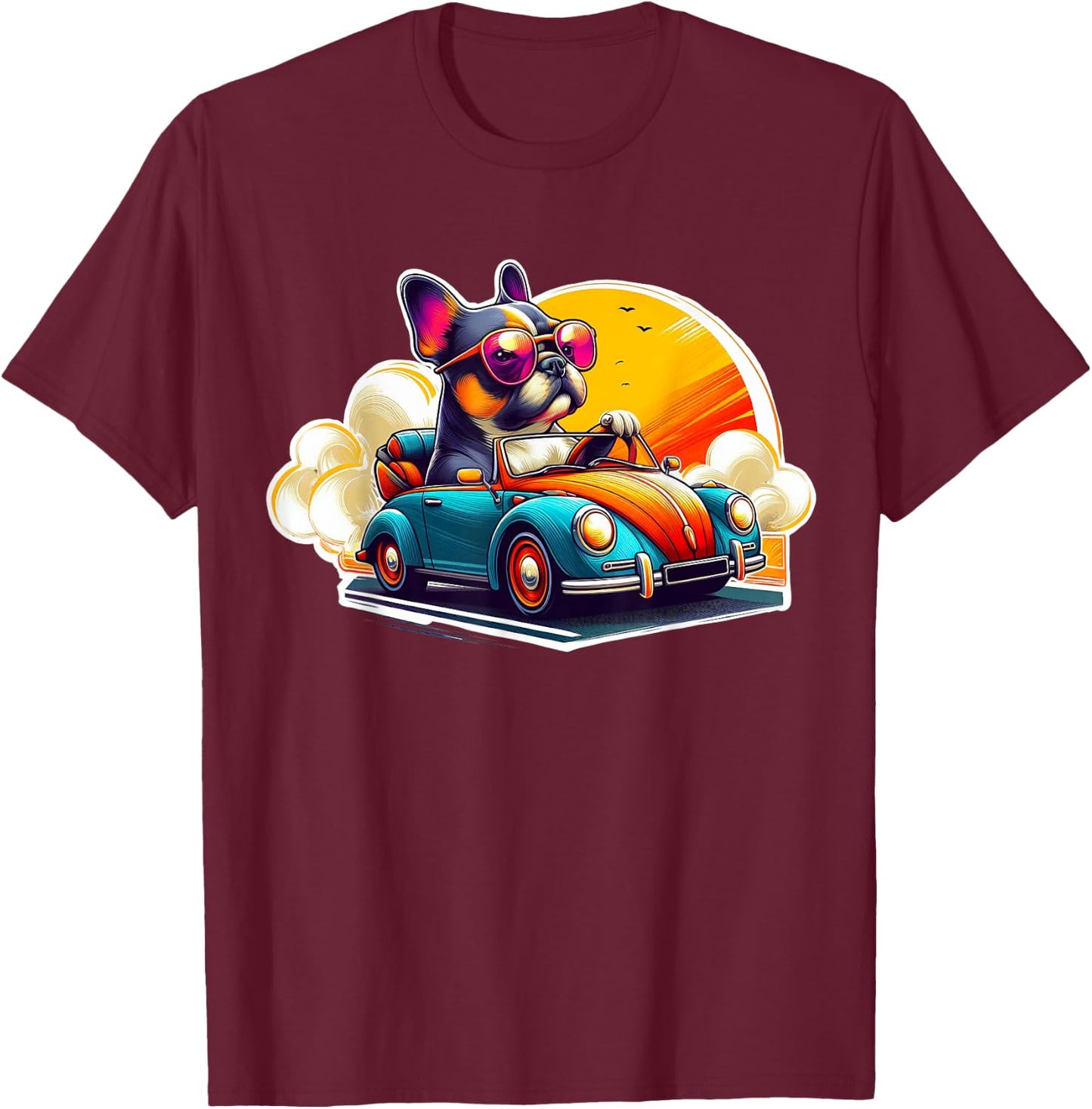 French Bulldog Driving Retro Convertible Car - Frenchie Gift T-Shirt - T-Shirt | Maroon