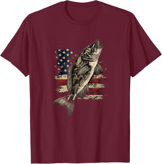 Funny Family Fisher & Fisherman Co. Fishing American Flag Bass Fish Men Women -Adult T-Shirt - T-Shirt | Maroon
