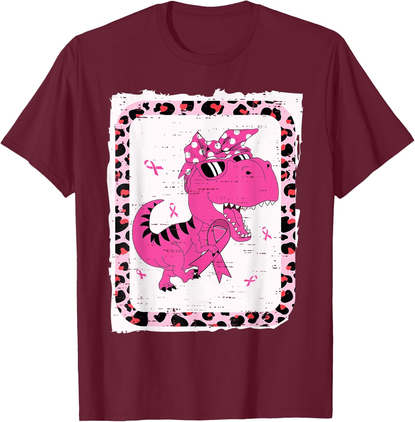 Kids Breast Cancer Awareness Girls T Rex Dinosaur Dino Pink T-Shirt - T-Shirt | Maroon