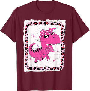 Kids Breast Cancer Awareness Girls T Rex Dinosaur Dino Pink T-Shirt - T-Shirt | Maroon