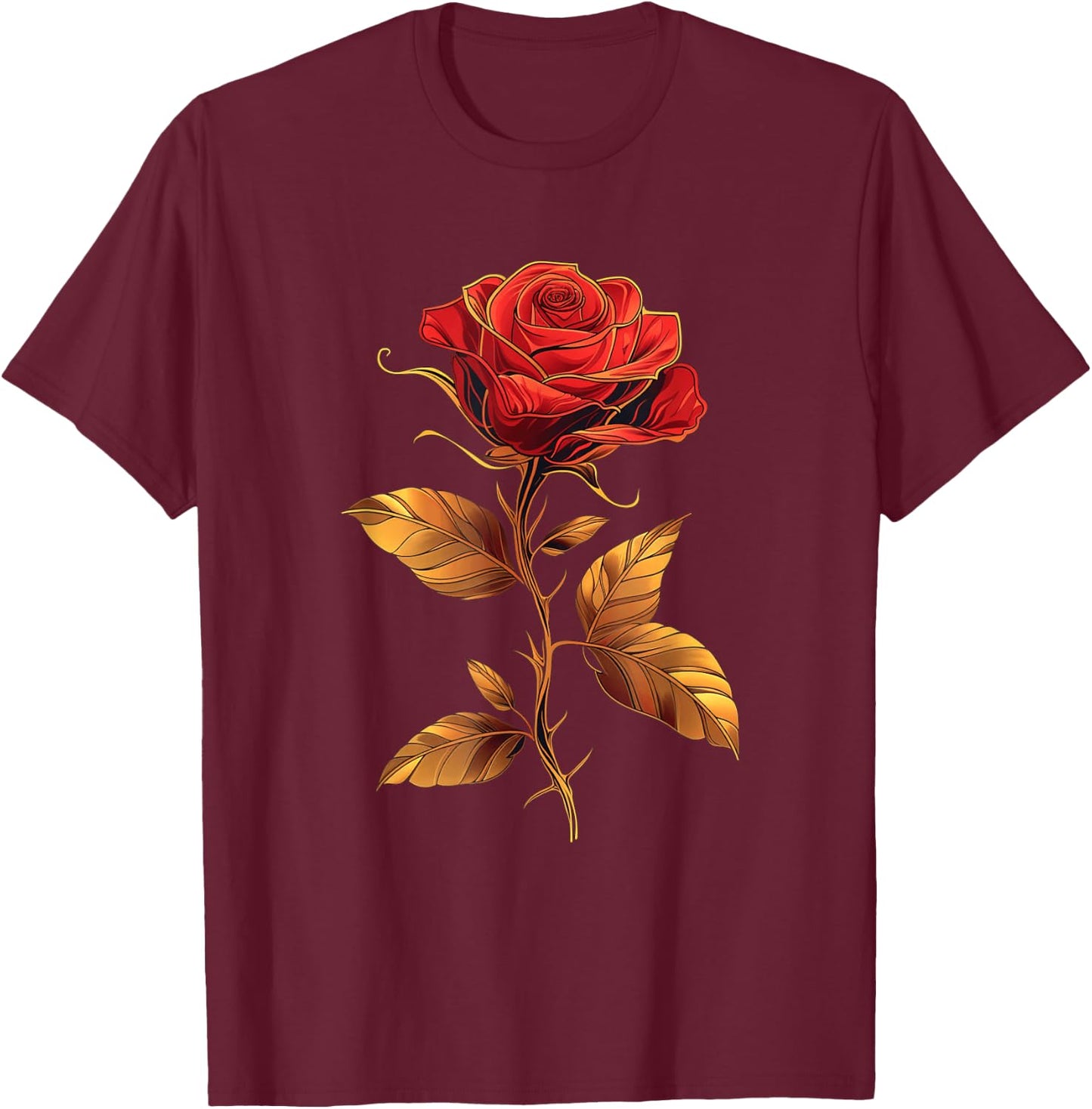 Deep Red Rose Black And Gold Graphic Men Women T-Shirt - T-Shirt | Maroon