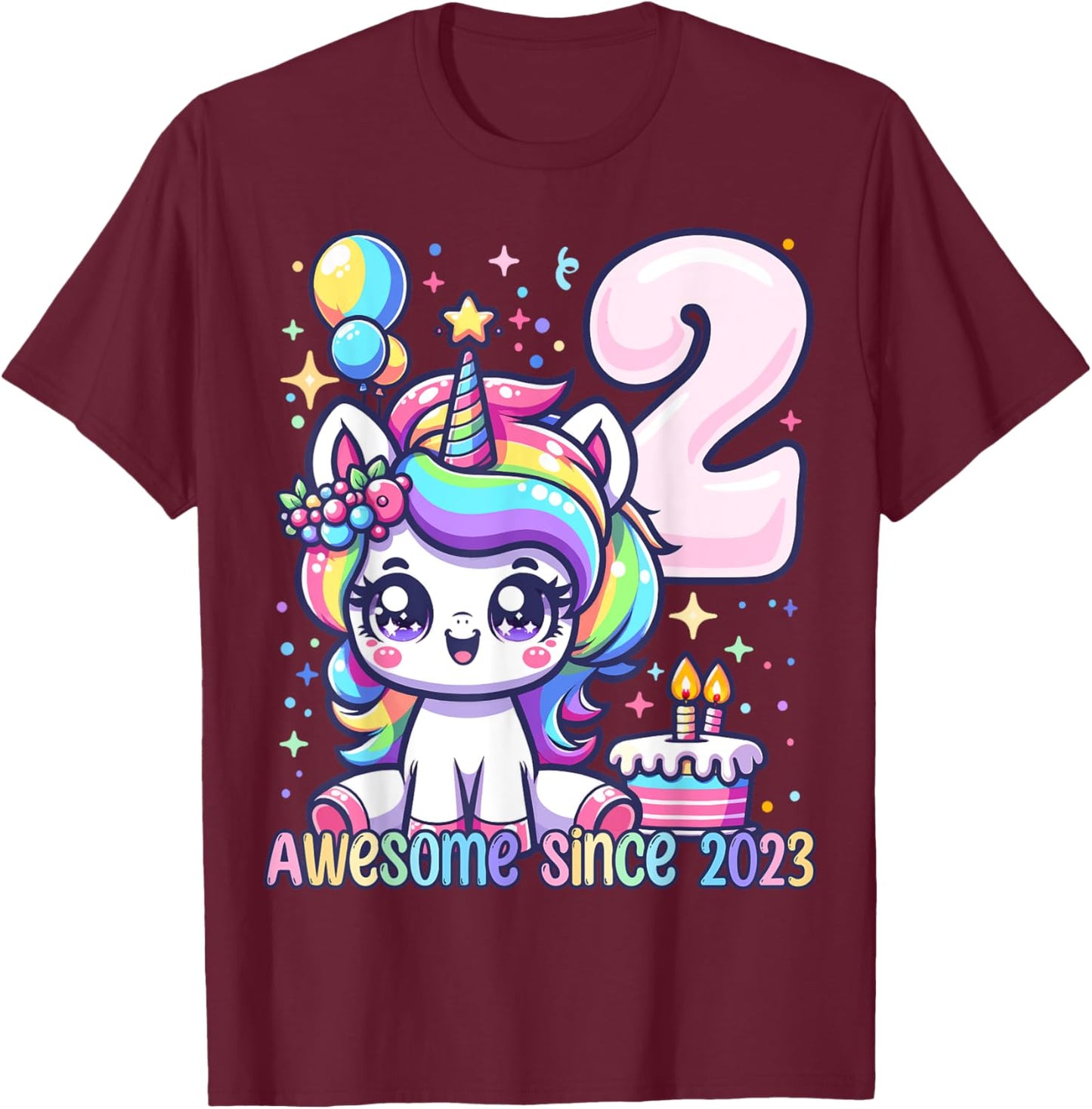 Unicorn 2nd Birthday 2 Year Old Unicorn Party Girls Outfit T-Shirt - T-Shirt | Maroon