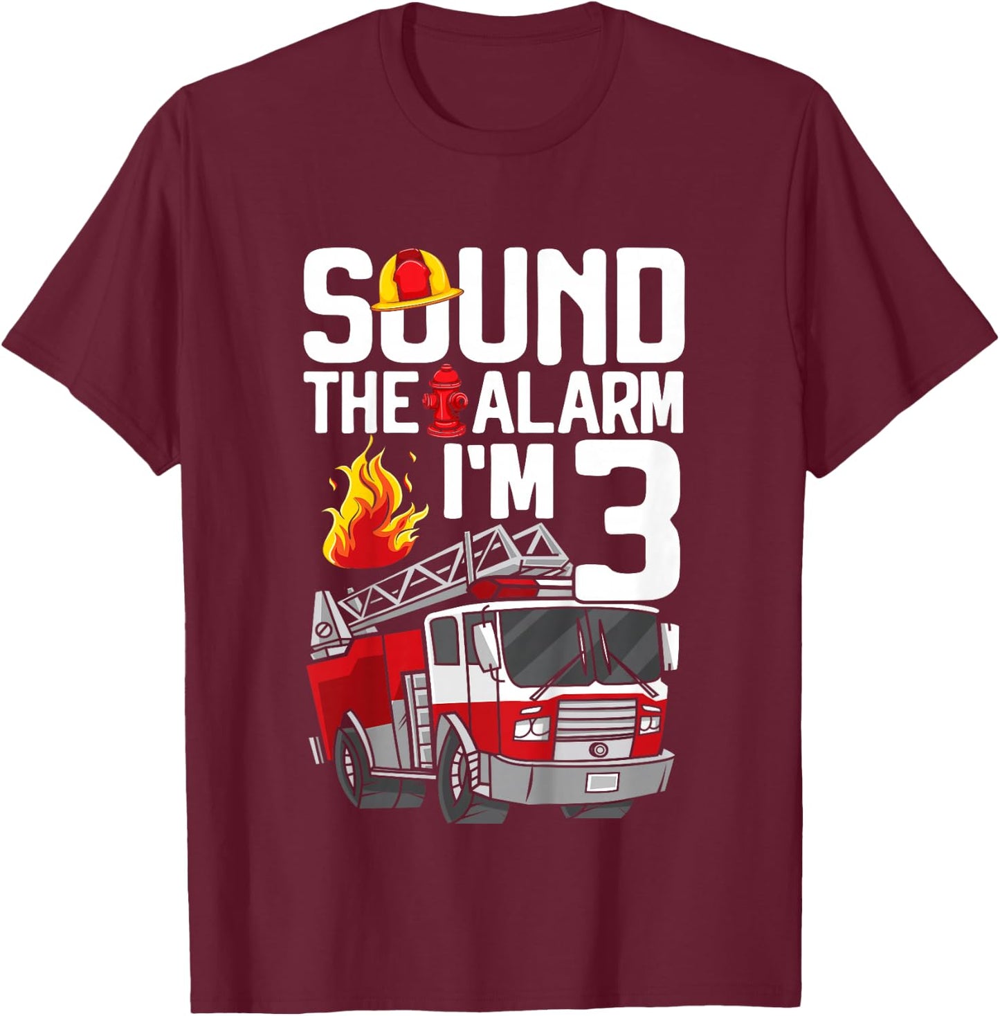 Kids 3 Years Old Firefighter 3rd Birthday Boy Fire Truck Toddler T-Shirt - T-Shirt | Maroon
