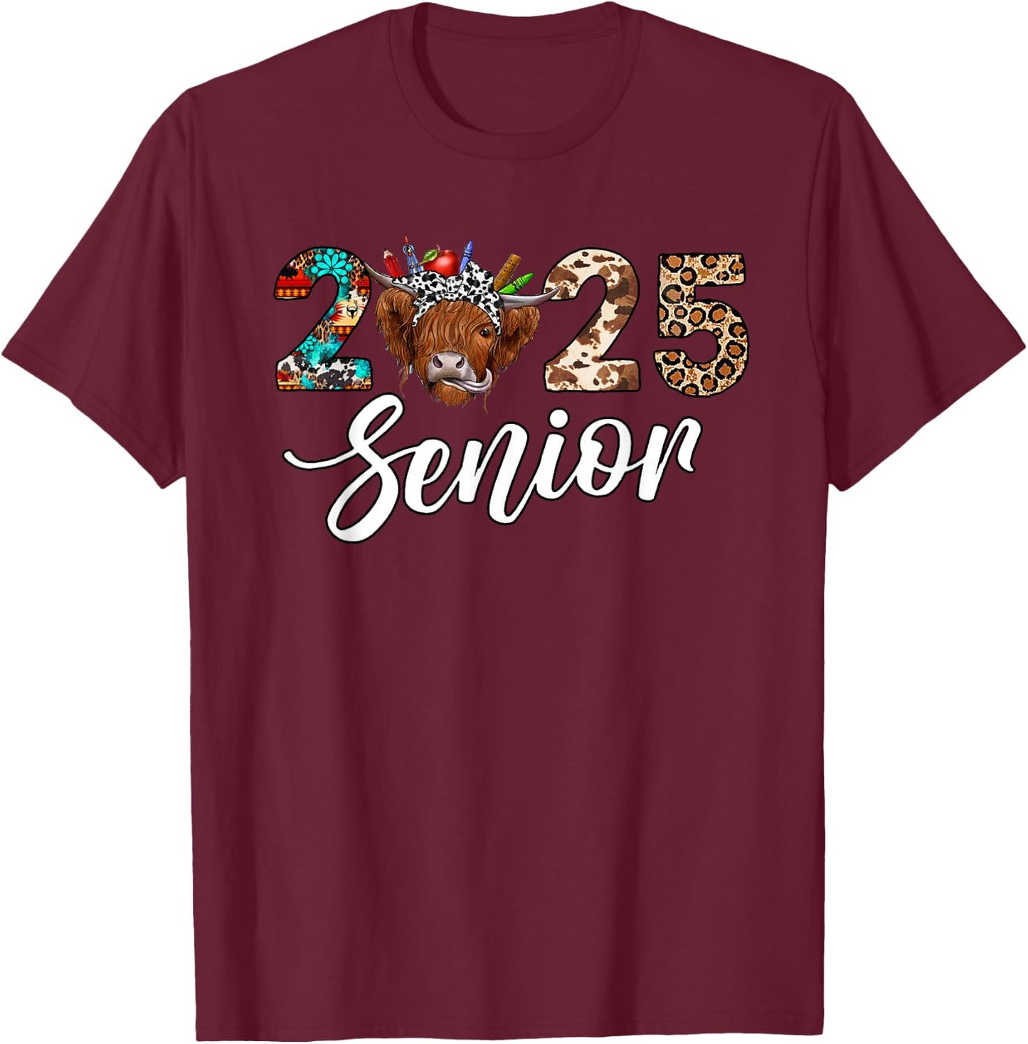 Senior 2025 Highland Cow Western Themed Back To School T-Shirt - T-Shirt | Maroon