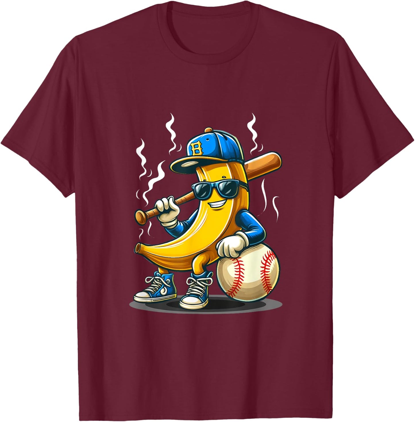Banana Wearing Sunglasses Hat Playing Baseball Player Fruit T-Shirt - T-Shirt | Maroon