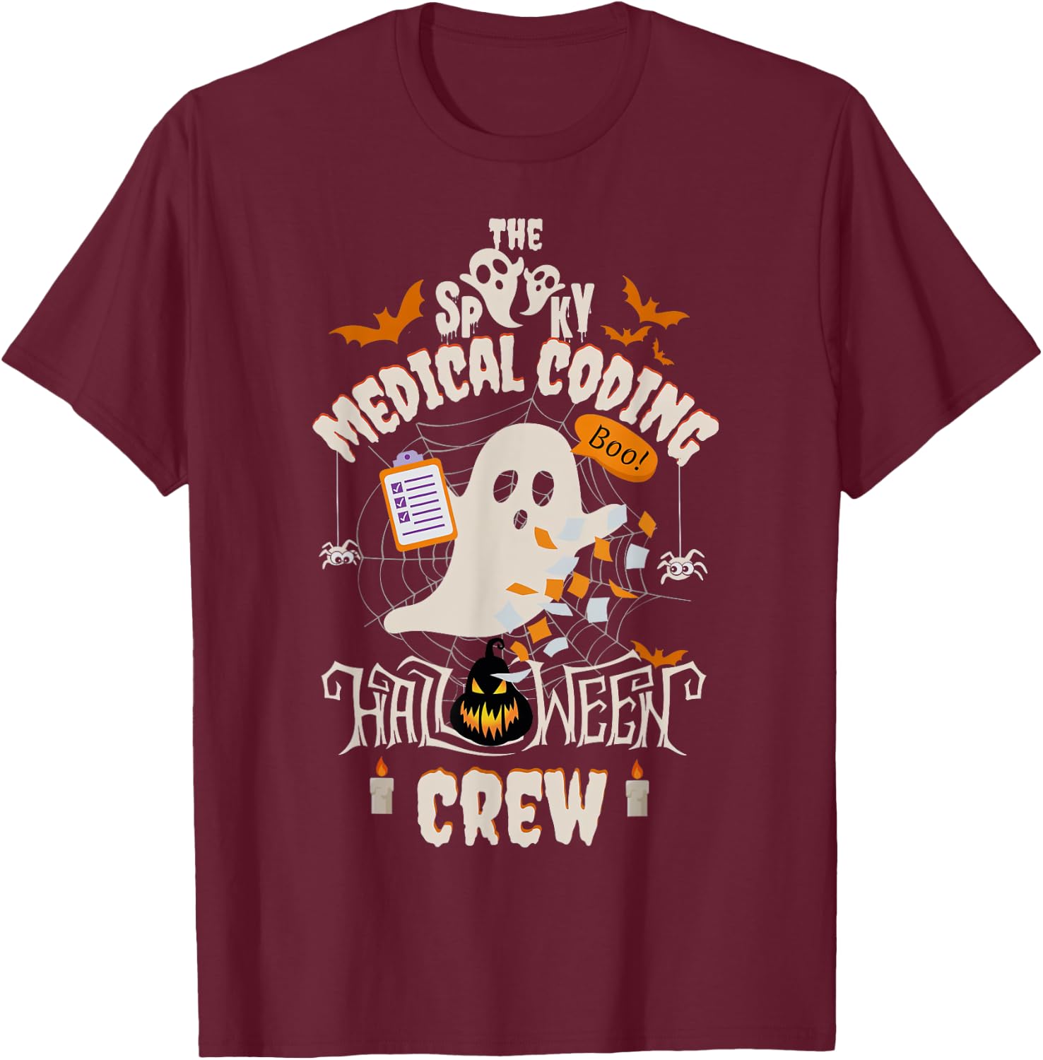 Ghost Spooky Medical Coding Crew Halloween Student Coder T-Shirt - T-Shirt | Maroon