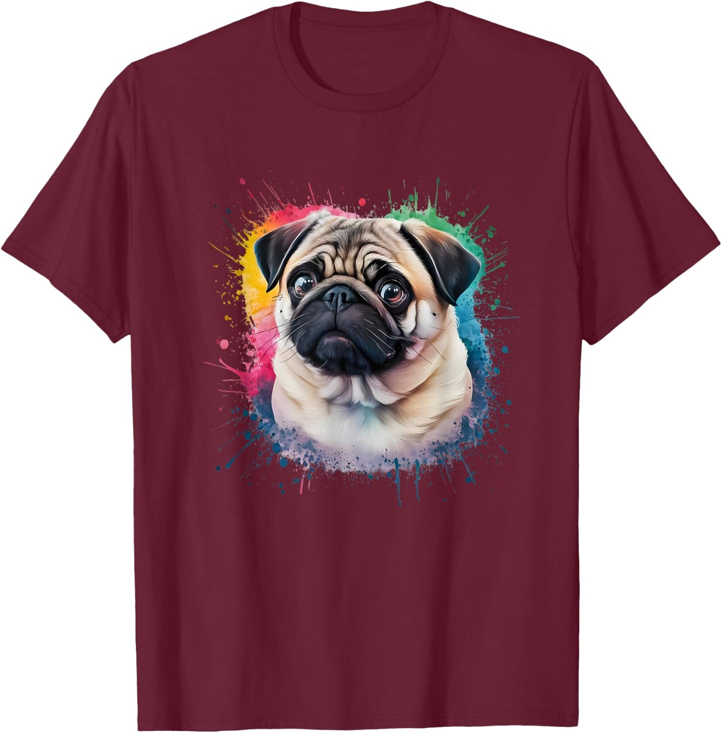 Men Woman Colorful Watercolor Pug T-Shirt - T-Shirt | Maroon