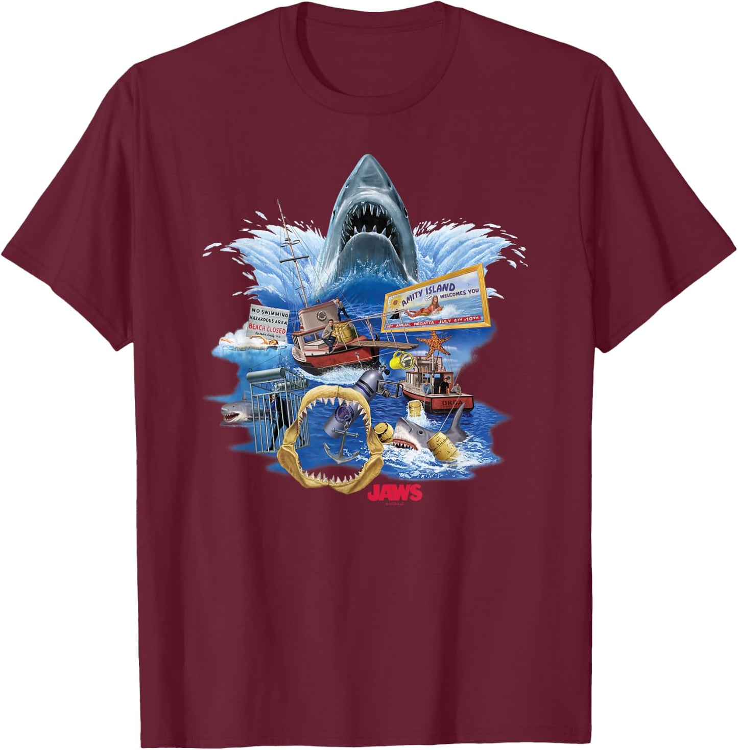 Jaws Poster Collage , Small, Black T-Shirt - T-Shirt | Maroon