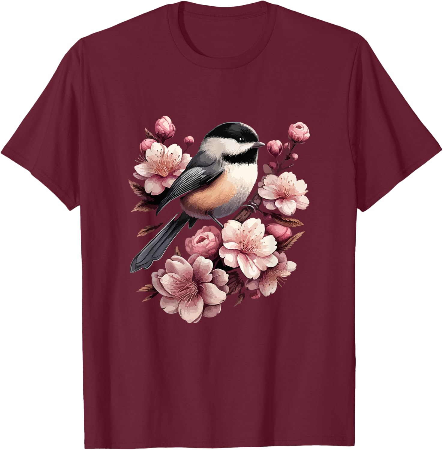 Chickadee Blossom Spring Birdwatching Bird Lover Cute T-Shirt - T-Shirt | Maroon