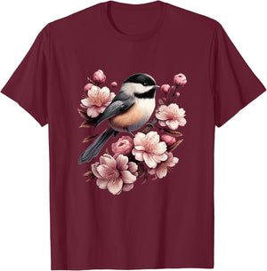 Chickadee Blossom Spring Birdwatching Bird Lover Cute T-Shirt - T-Shirt | Maroon