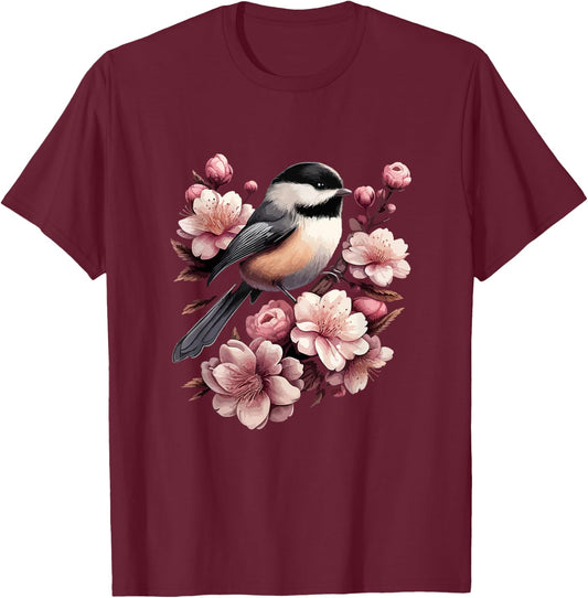 Chickadee Blossom Spring Birdwatching Bird Lover Cute T-Shirt - T-Shirt | Maroon