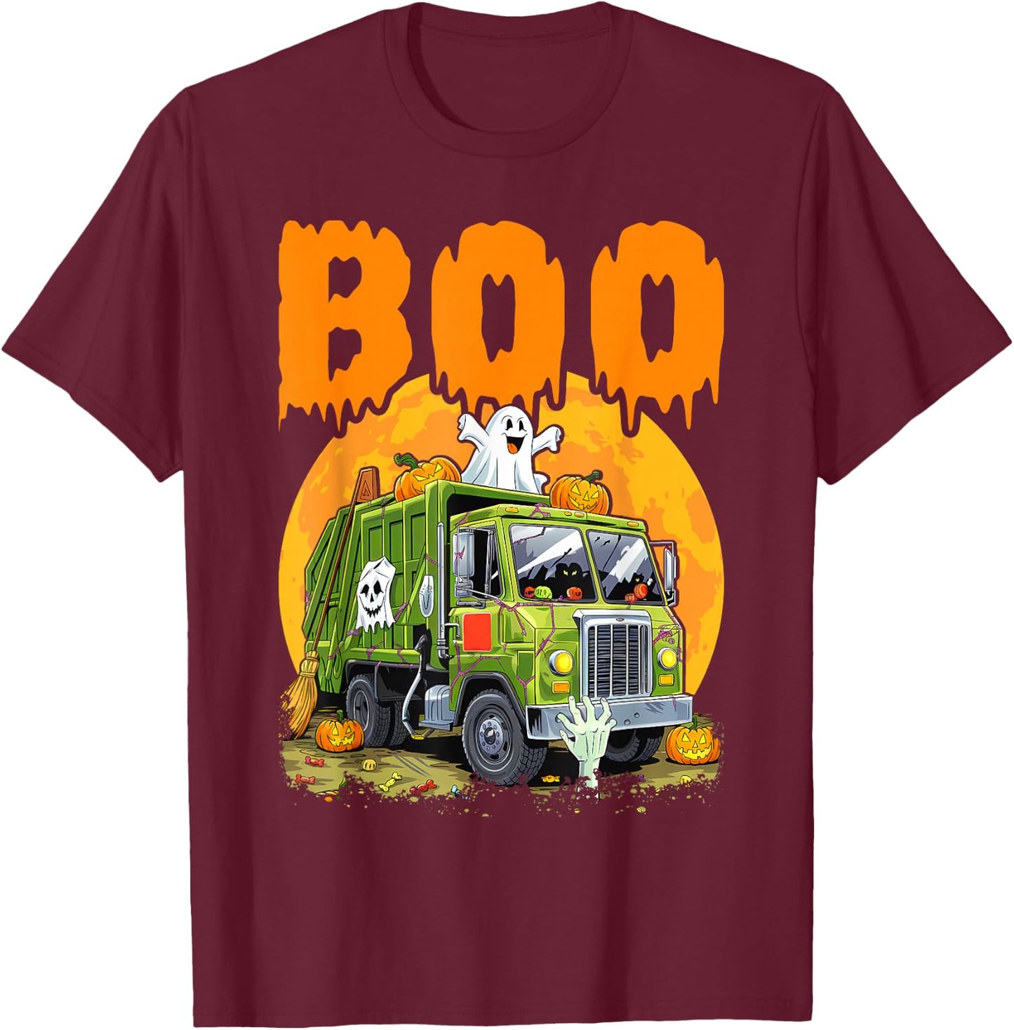 Ghost Driving Garbage Truck With Candy Bag Carved Pumpkin T-Shirt - T-Shirt | Maroon