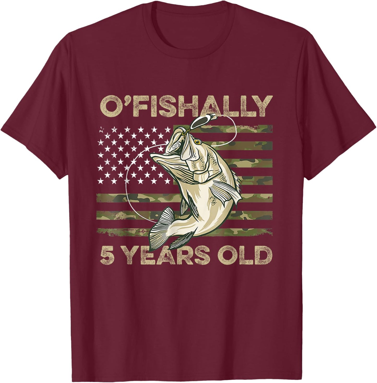 Ofishally 5 Year Old Shirt 5th Birthday US Flag Fishing T-Shirt - T-Shirt | Maroon