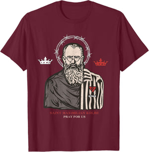 St Maximilian Kolbe Two Crowns Catholic Saint T-Shirt - T-Shirt | Maroon