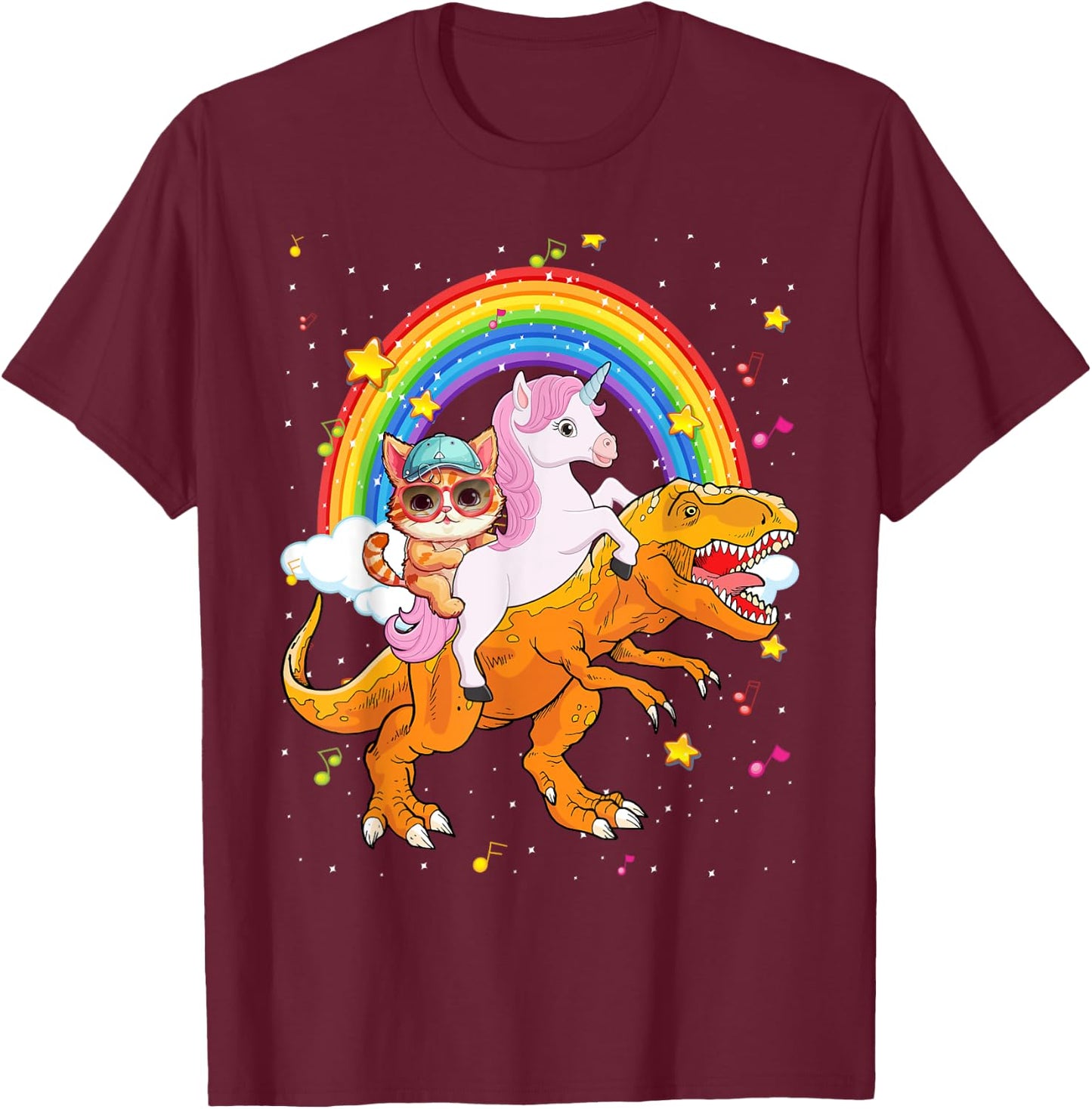 Cat Unicorn Riding Dinosaur T rex Kitten Lover Space Galaxy T-Shirt - T-Shirt | Maroon
